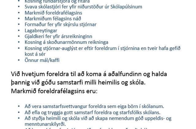Aðalfundur foreldrafélags Stóru-Vogaskóla 29. október